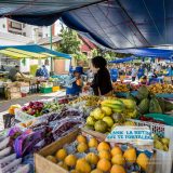 Colorful fruit and produce stalls at a traditional local market in Quito Ecuador