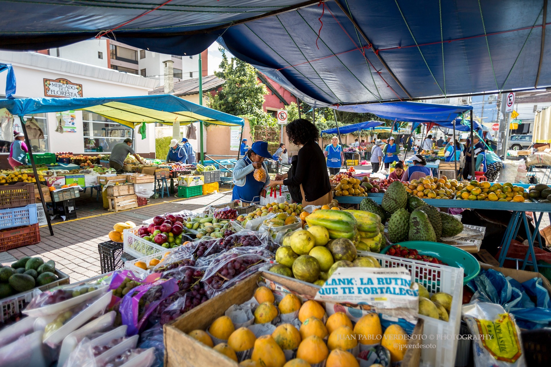 Colorful fruit and produce stalls at a traditional local market in Quito Ecuador