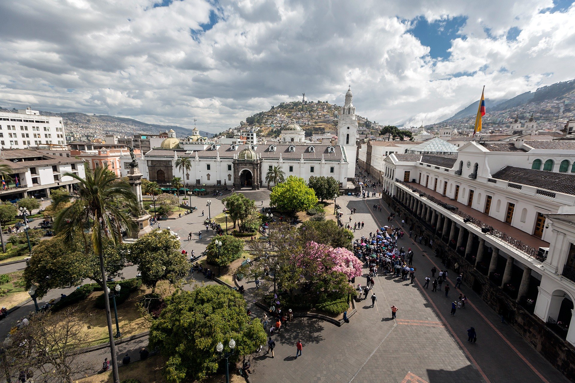 Panoramic view of Plaza Grande and the historic center of Quito surrounded by colonial architecture